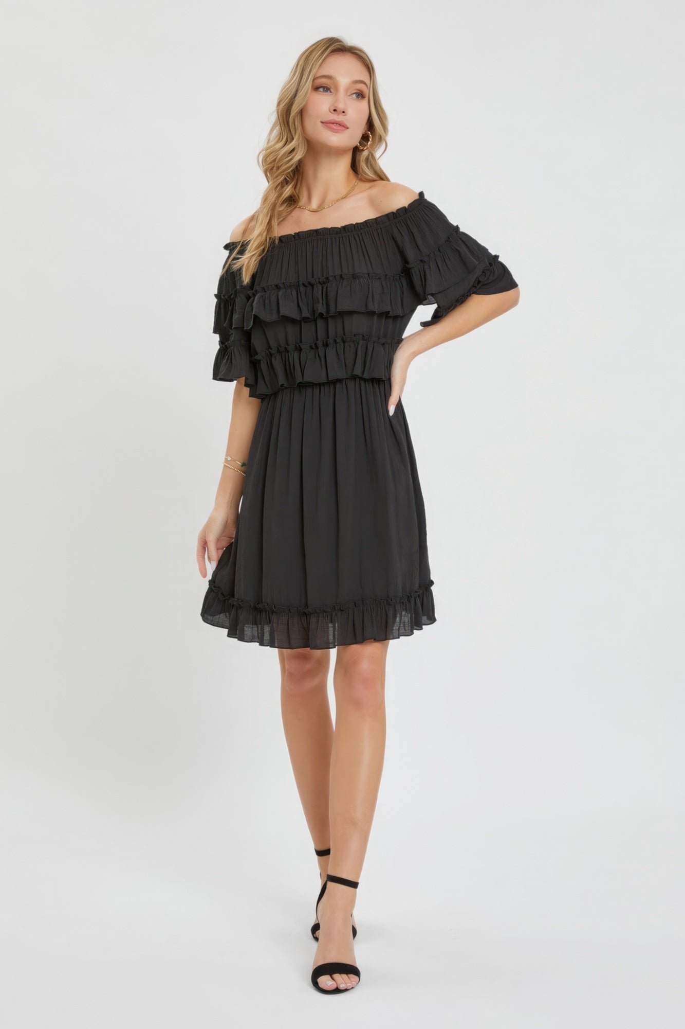 Off Shoulder Ruffle Dress - Black