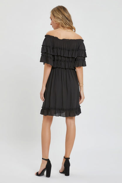 Off Shoulder Ruffle Dress - Black