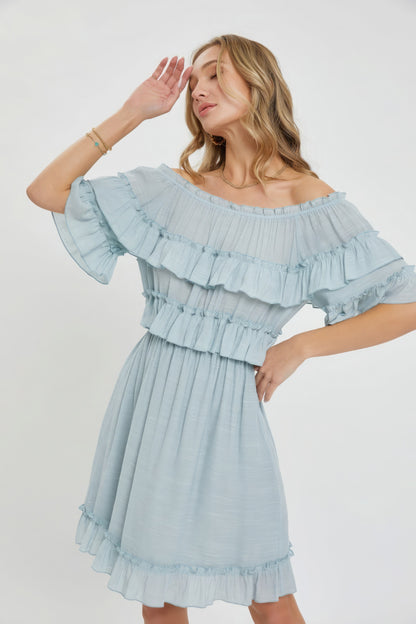 Off Shoulder Ruffle Dress - Misty Blue