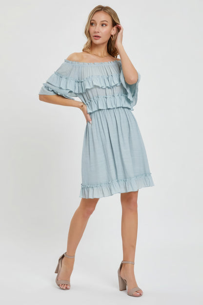 Off Shoulder Ruffle Dress - Misty Blue