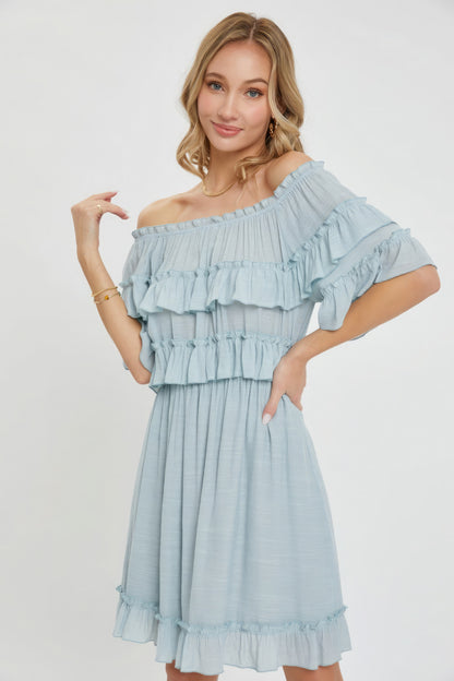 Off Shoulder Ruffle Dress - Misty Blue