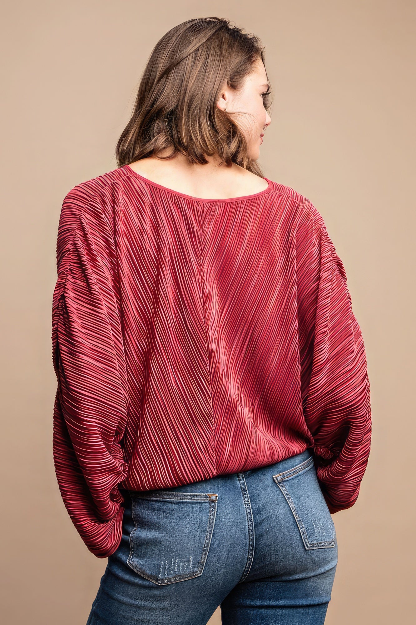 Satin Pleated Drawstring Top With Snap Button - Burgundy