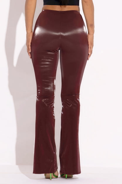 Velvet PU Flared Pants - Burgundy