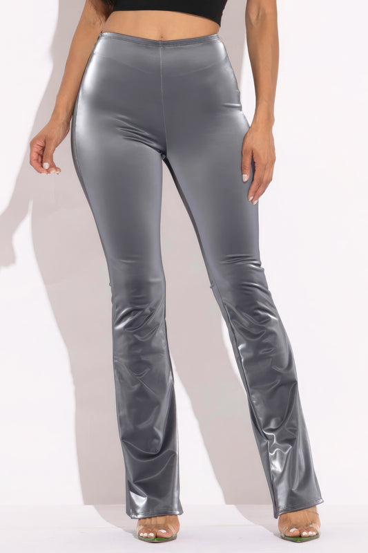 Velvet PU Flared Pants - Metallic Charcoal
