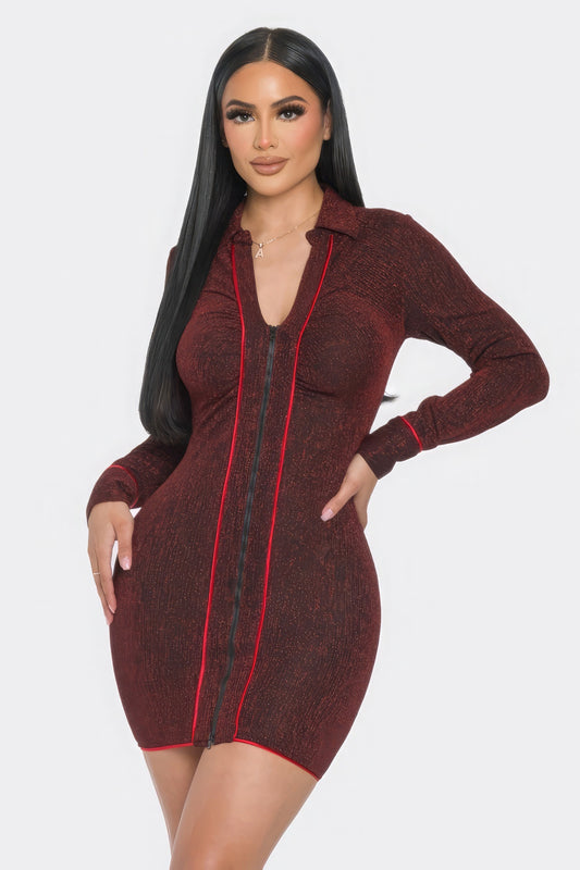 Collared V Neck Long Sleeve Zipper Mini Dress - Red