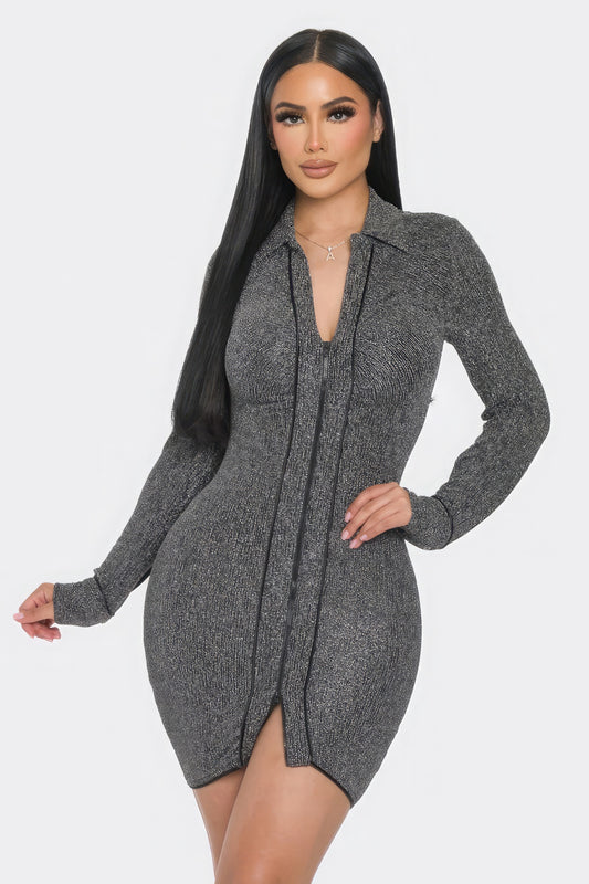 Collared V Neck Long Sleeve Zipper Mini Dress - Heather Gray