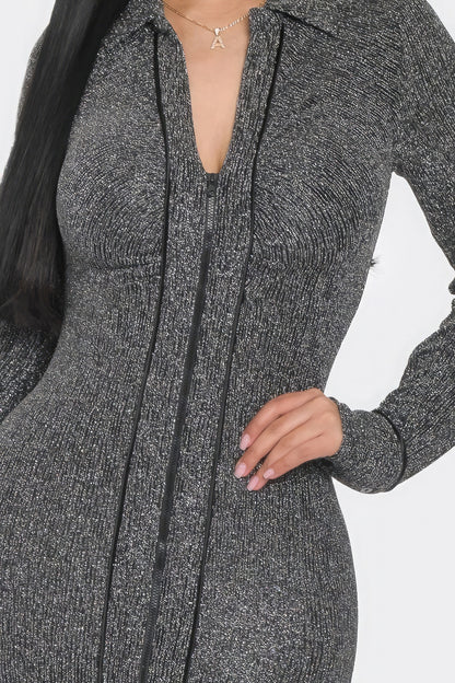 Collared V Neck Long Sleeve Zipper Mini Dress - Heather Gray