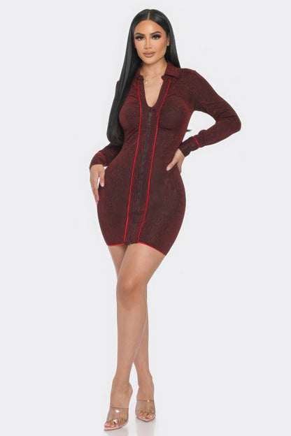 Collared V Neck Long Sleeve Zipper Mini Dress - Red