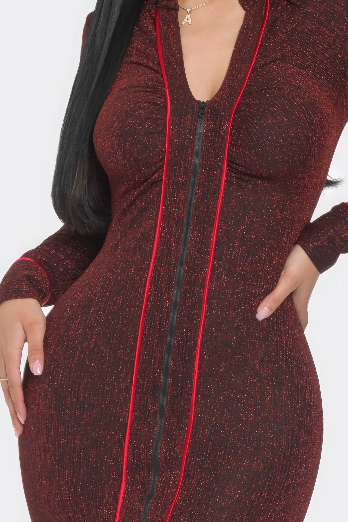 Collared V Neck Long Sleeve Zipper Mini Dress - Red