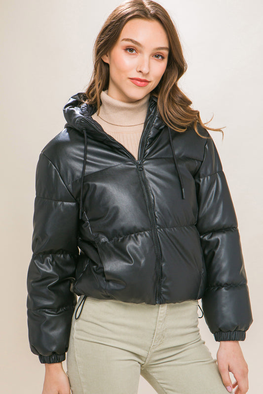 Faux Leather Zipper Hooded Puffer Jacket - Black