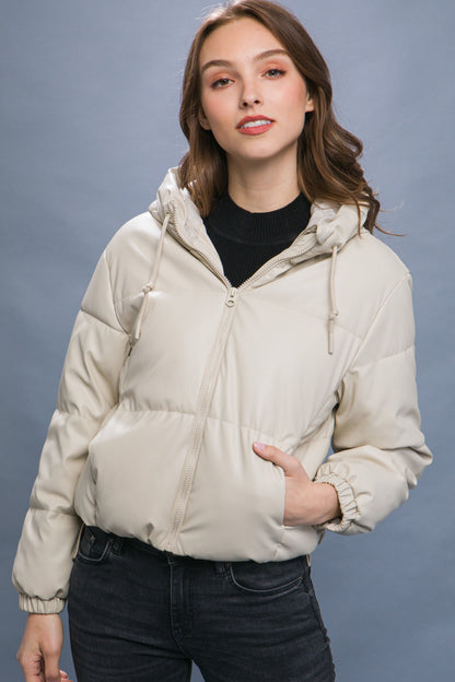 Faux Leather Zipper Hooded Puffer Jacket - Cream