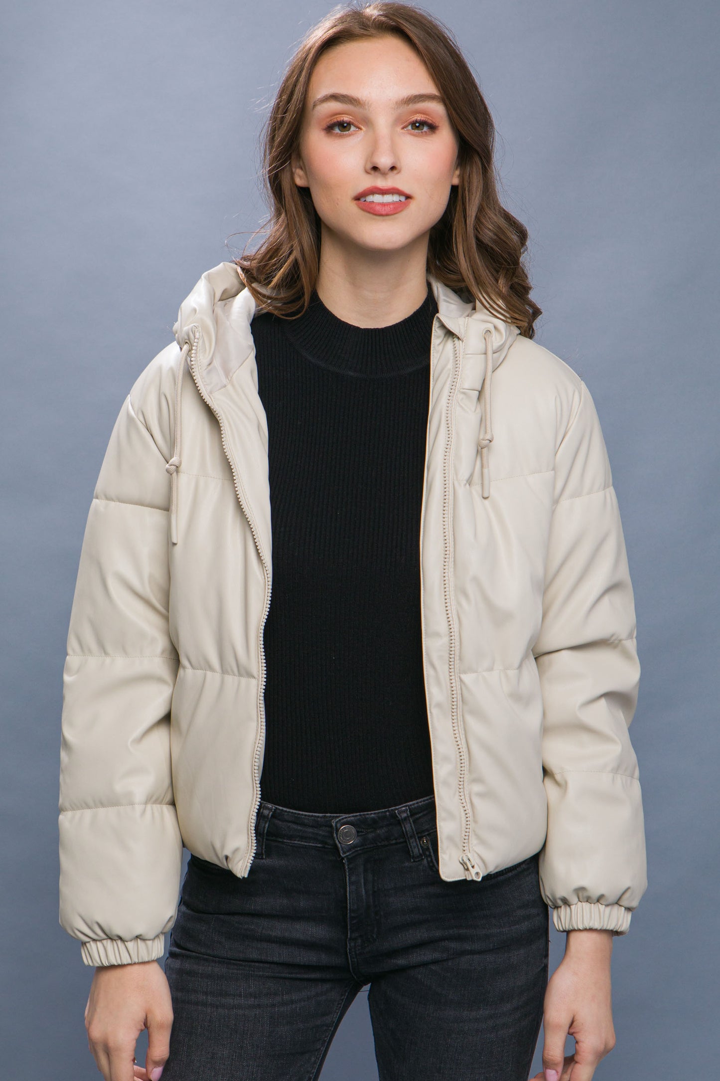 Faux Leather Zipper Hooded Puffer Jacket - Cream