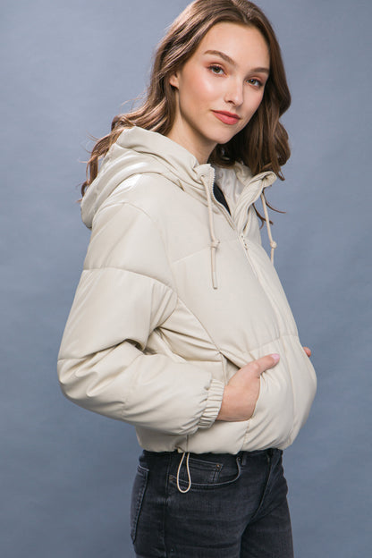 Faux Leather Zipper Hooded Puffer Jacket - Cream