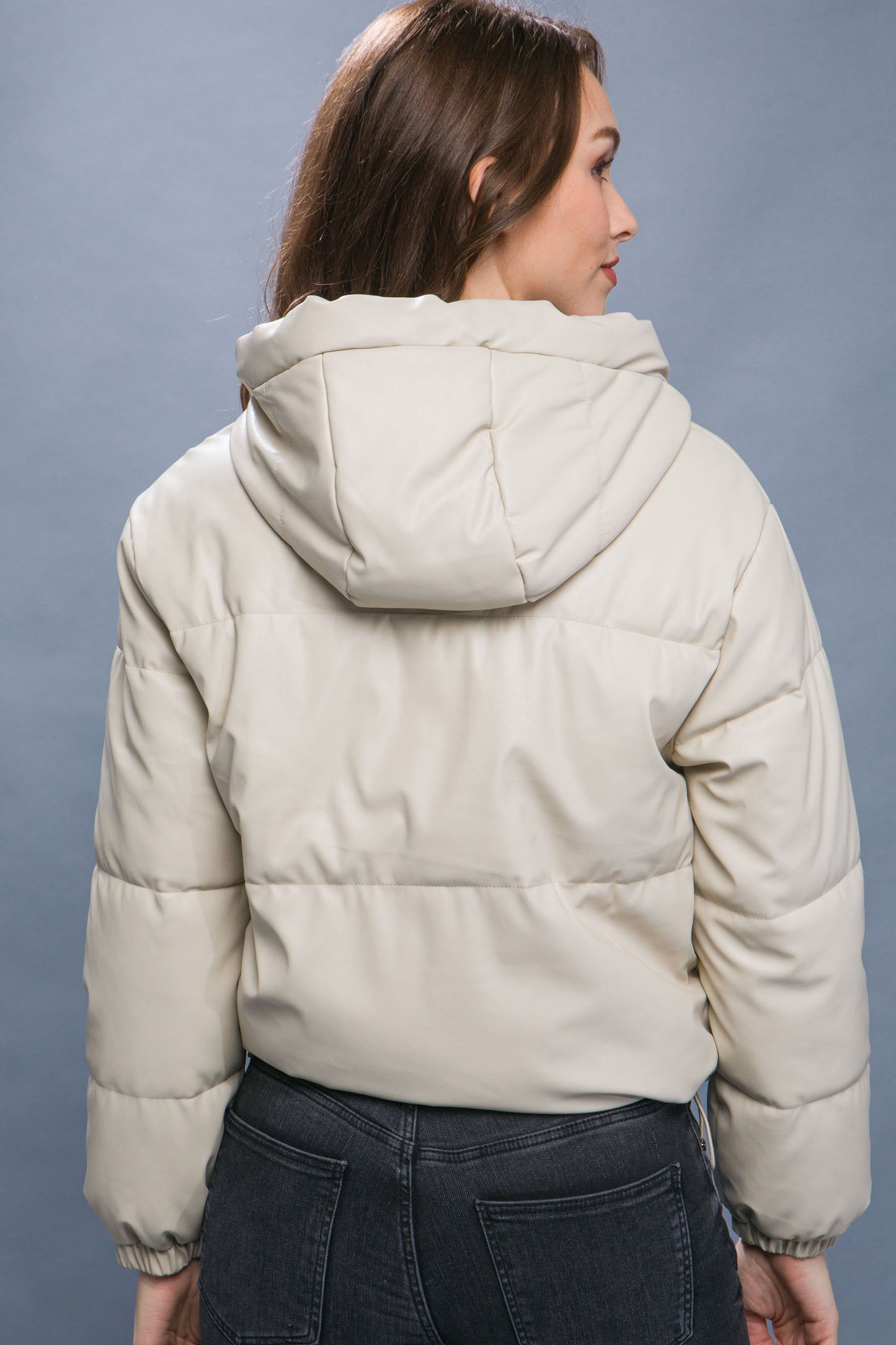 Faux Leather Zipper Hooded Puffer Jacket - Cream