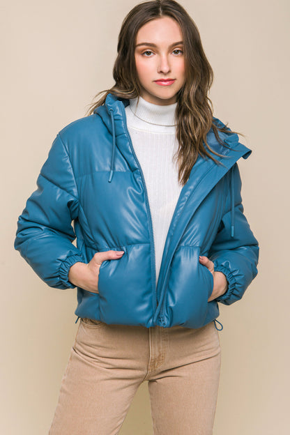 Faux Leather Zipper Hooded Puffer Jacket - Azure