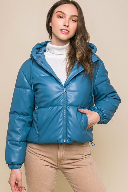 Faux Leather Zipper Hooded Puffer Jacket - Azure