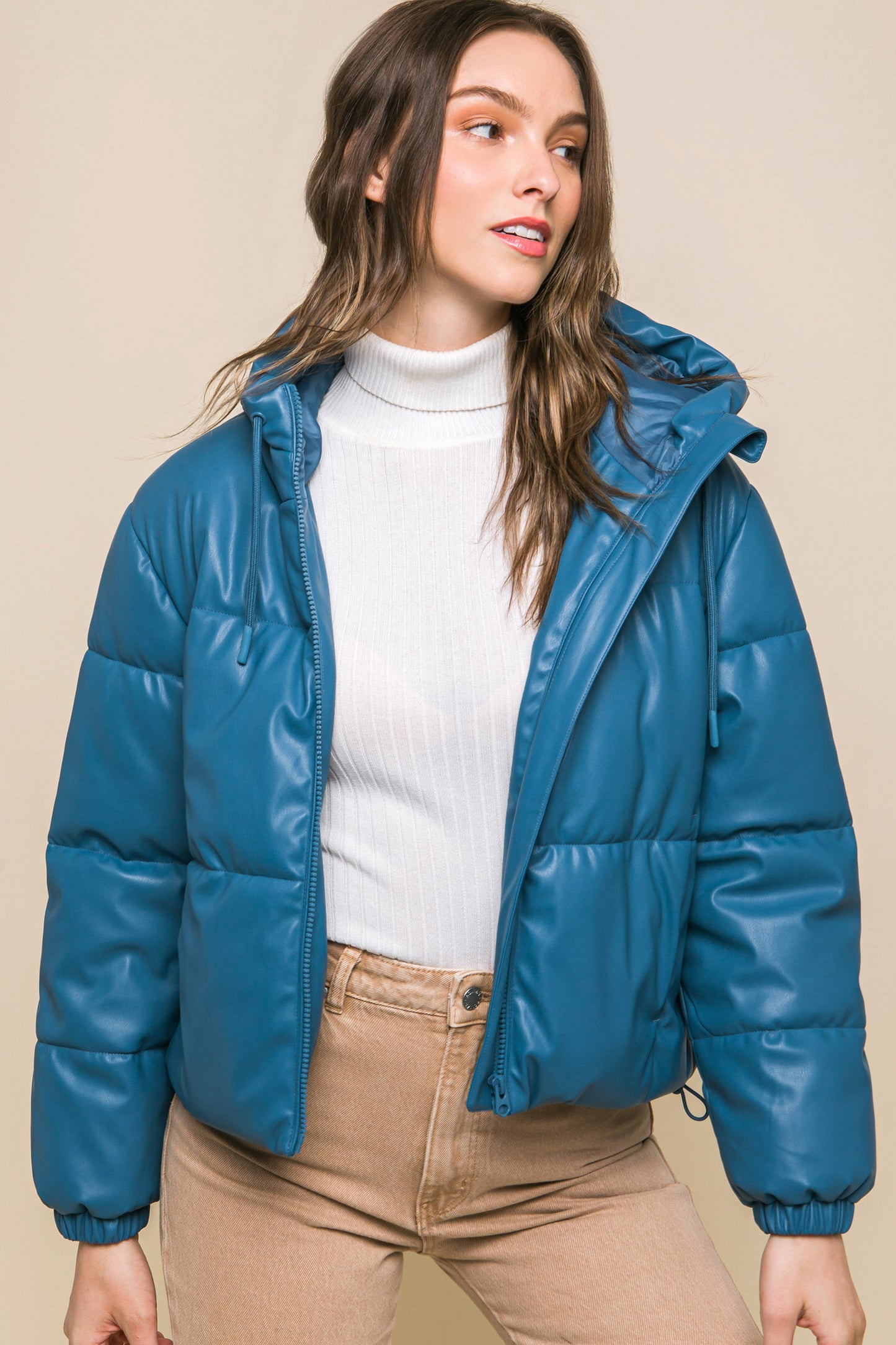 Faux Leather Zipper Hooded Puffer Jacket - Azure