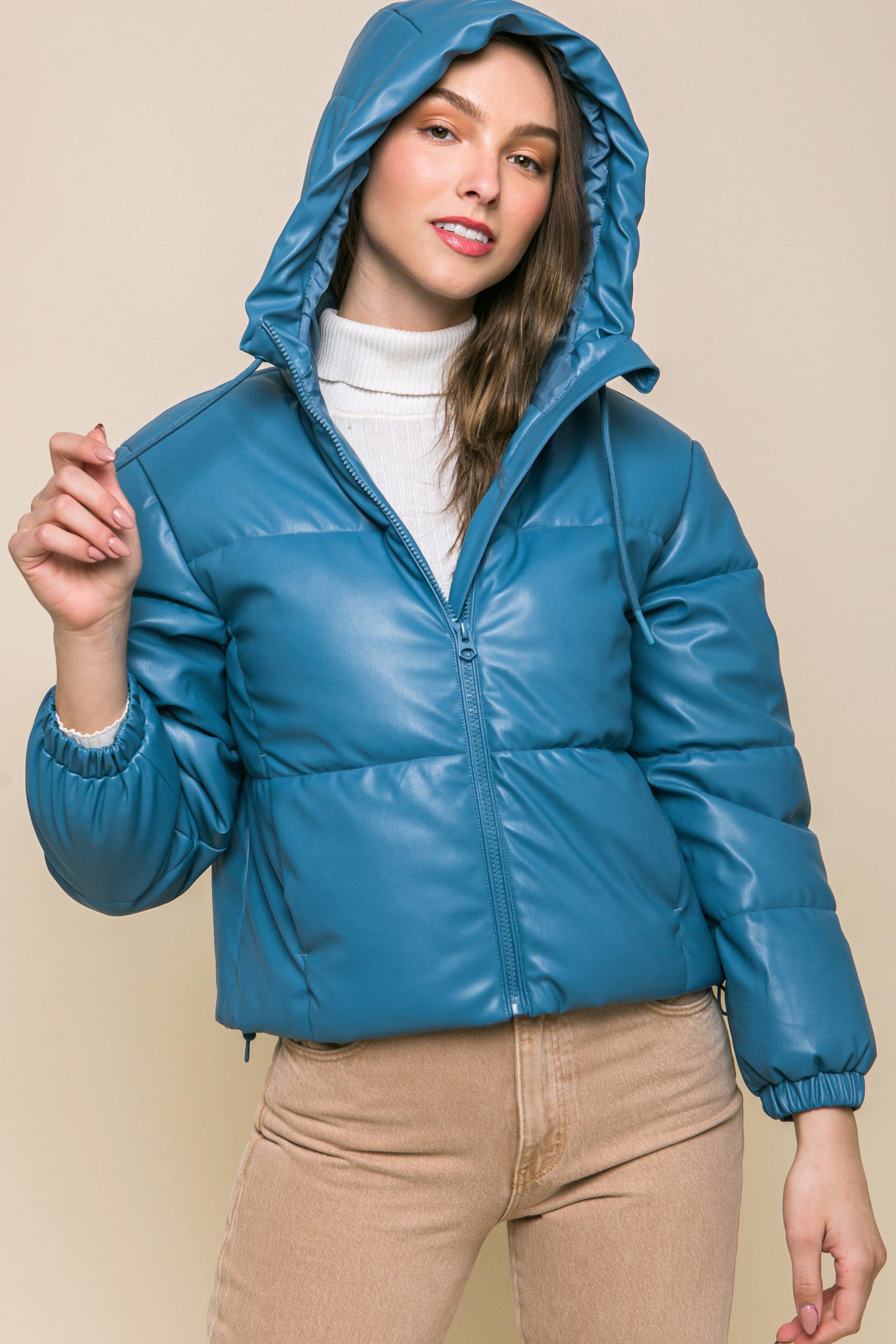 Faux Leather Zipper Hooded Puffer Jacket - Azure