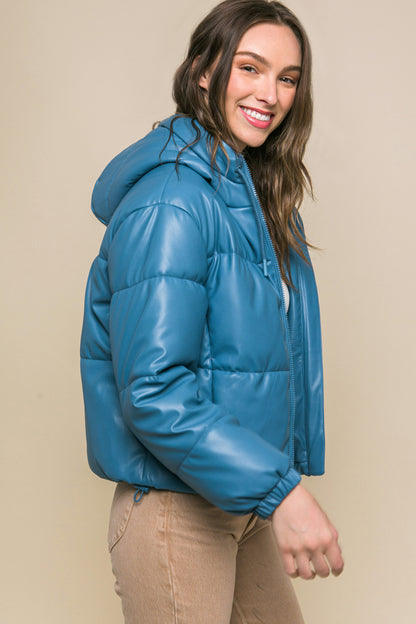 Faux Leather Zipper Hooded Puffer Jacket - Azure