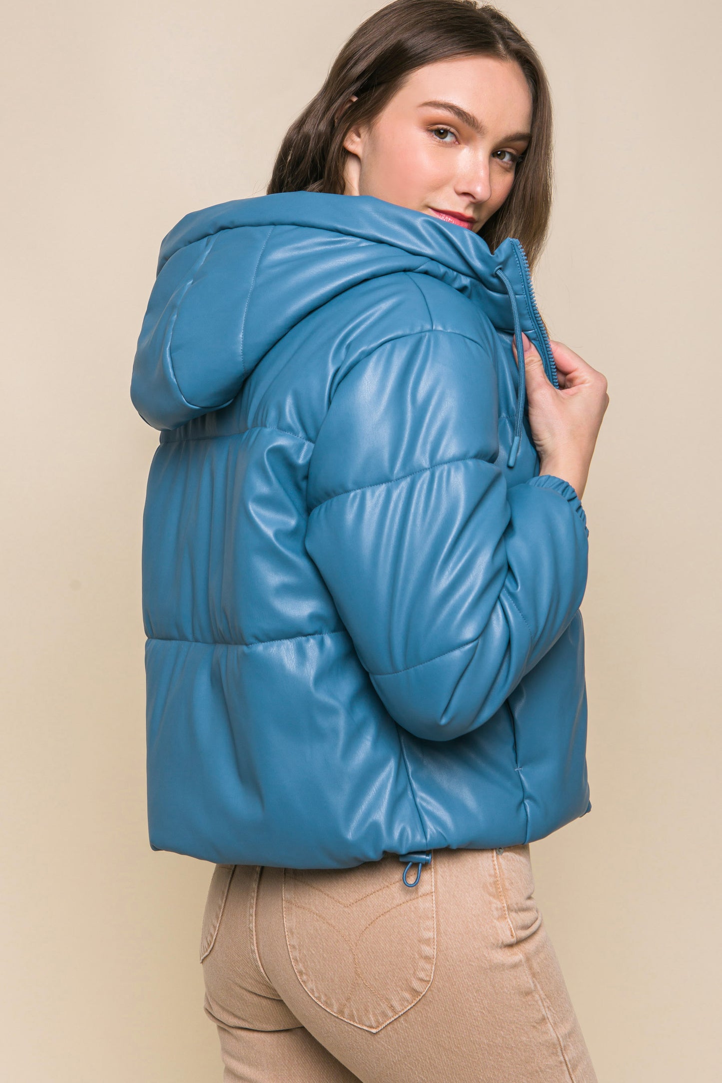 Faux Leather Zipper Hooded Puffer Jacket - Azure