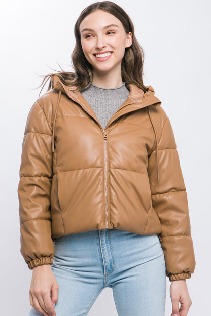 Faux Leather Zipper Hooded Puffer Jacket - Camel