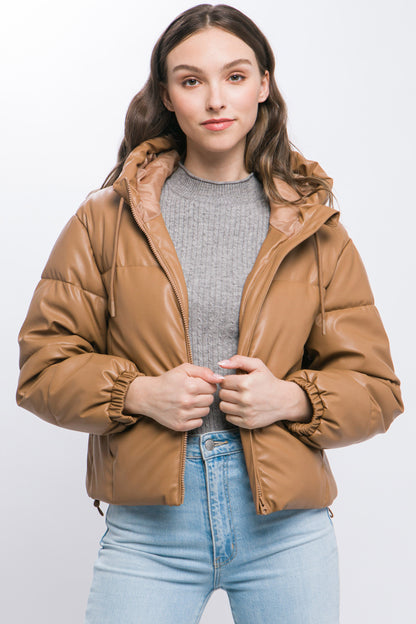 Faux Leather Zipper Hooded Puffer Jacket - Camel