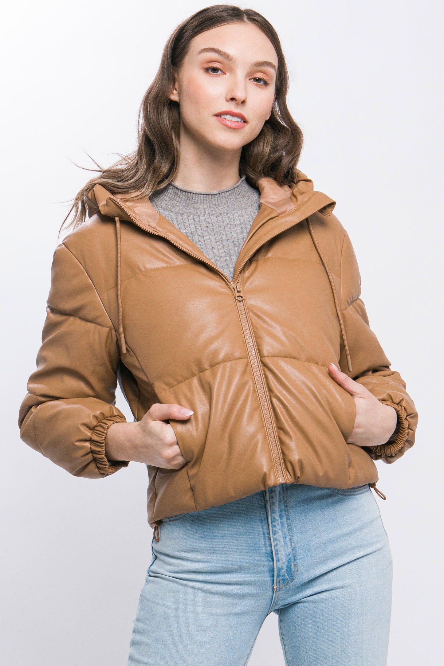 Faux Leather Zipper Hooded Puffer Jacket - Camel