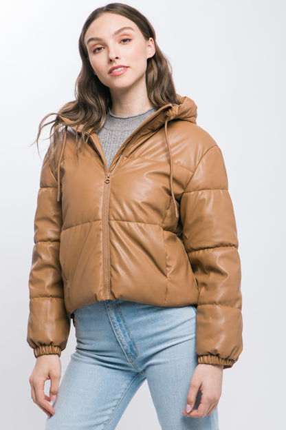 Faux Leather Zipper Hooded Puffer Jacket - Camel