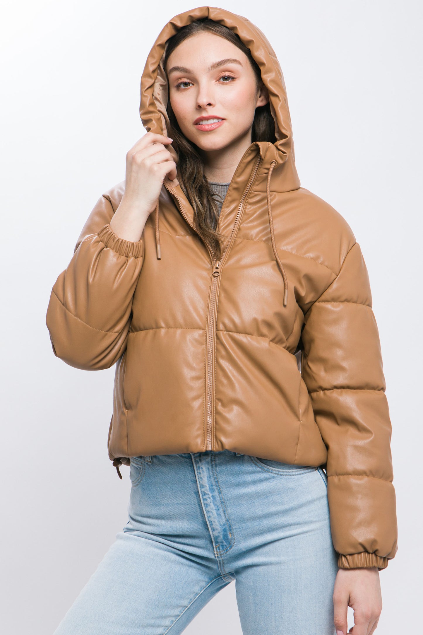 Faux Leather Zipper Hooded Puffer Jacket - Camel