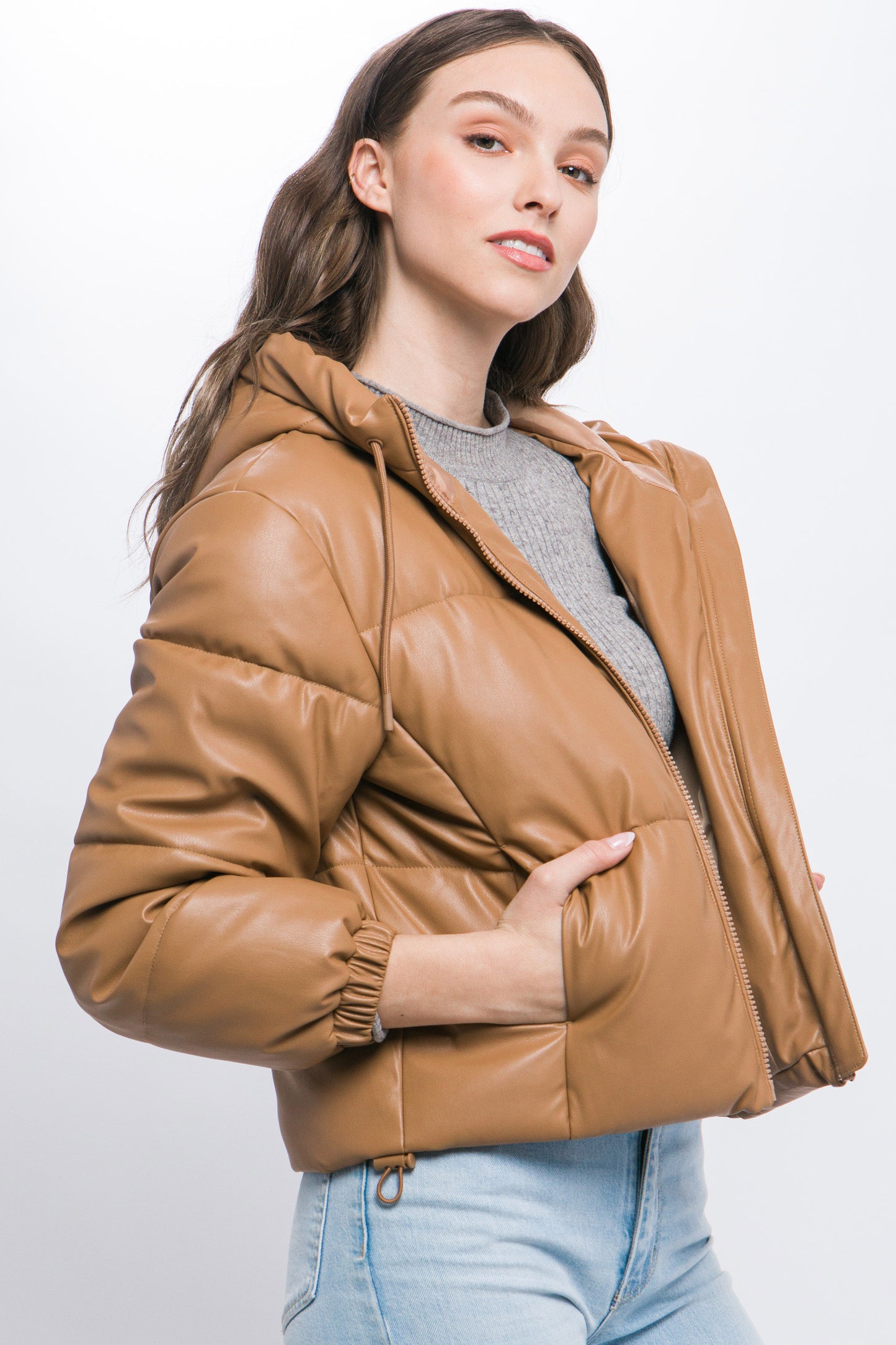 Faux Leather Zipper Hooded Puffer Jacket - Camel