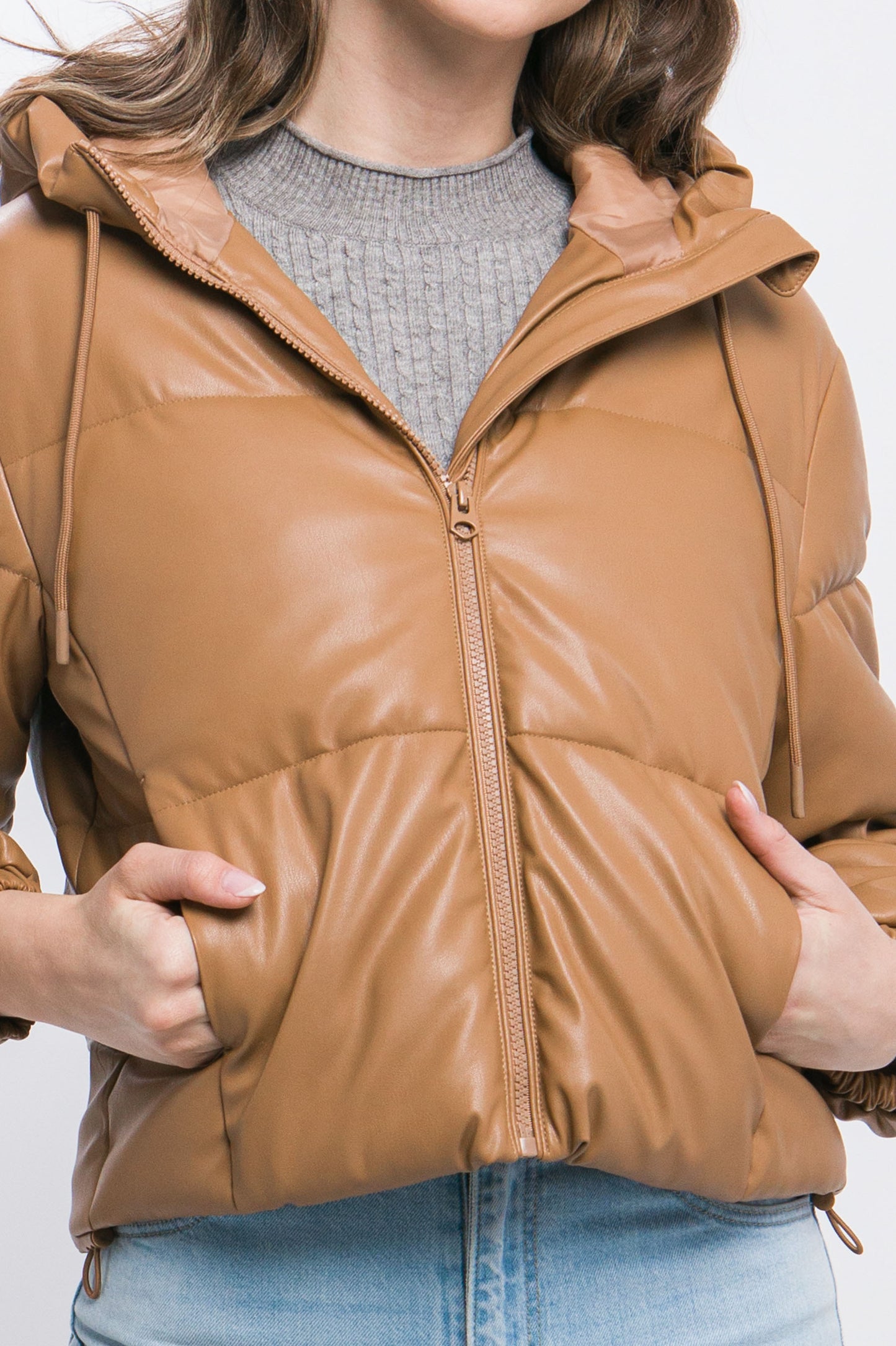 Faux Leather Zipper Hooded Puffer Jacket - Camel