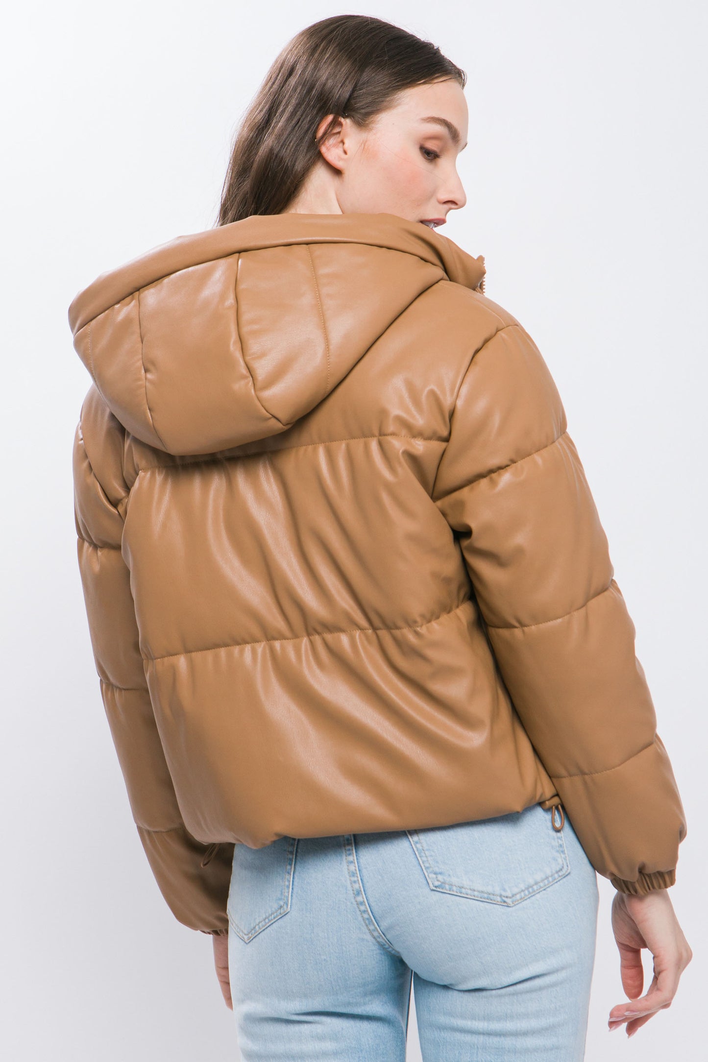 Faux Leather Zipper Hooded Puffer Jacket - Camel