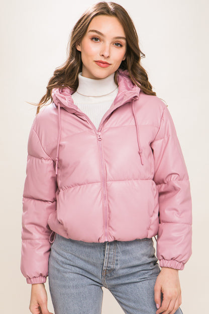 Faux Leather Zipper Hooded Puffer Jacket - Pink