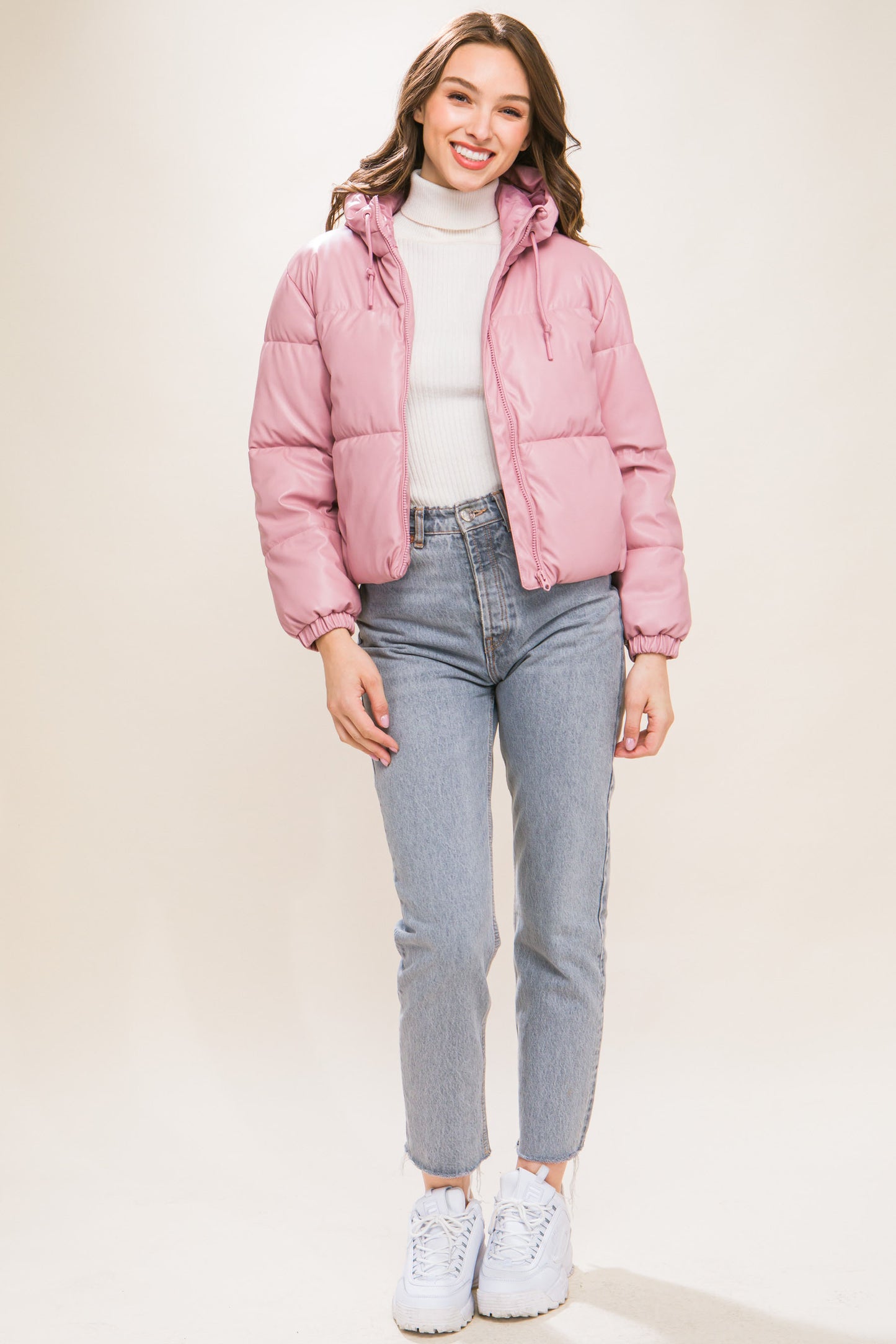 Faux Leather Zipper Hooded Puffer Jacket - Pink