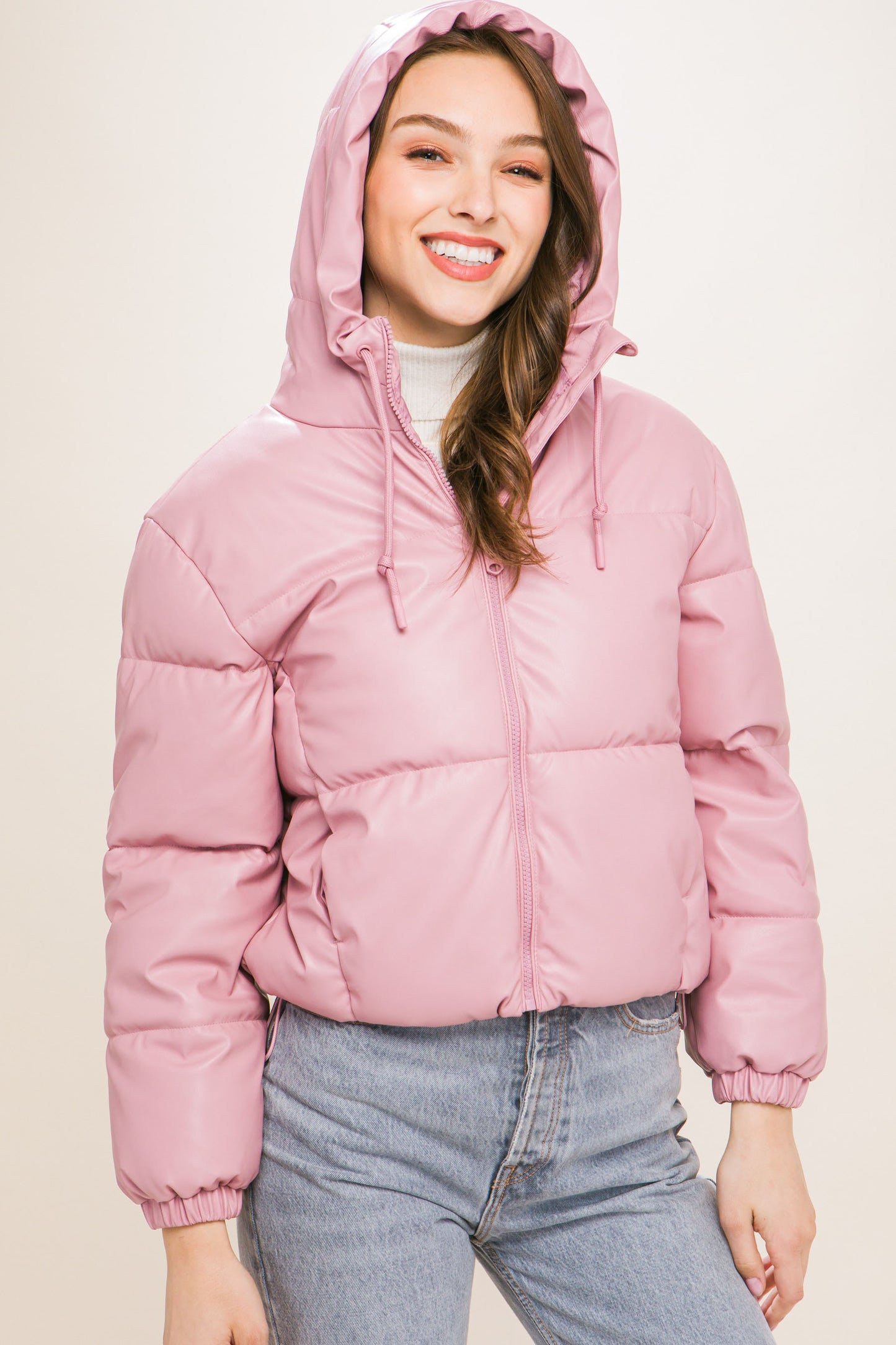 Faux Leather Zipper Hooded Puffer Jacket - Pink