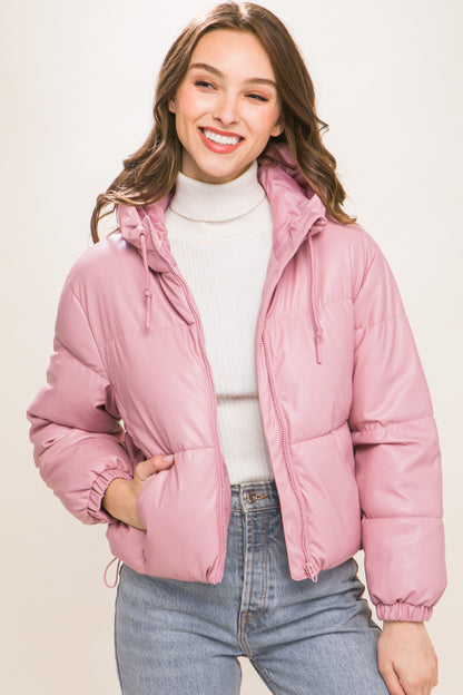 Faux Leather Zipper Hooded Puffer Jacket - Pink