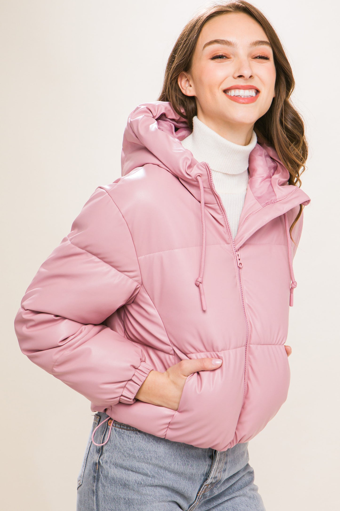 Faux Leather Zipper Hooded Puffer Jacket - Pink