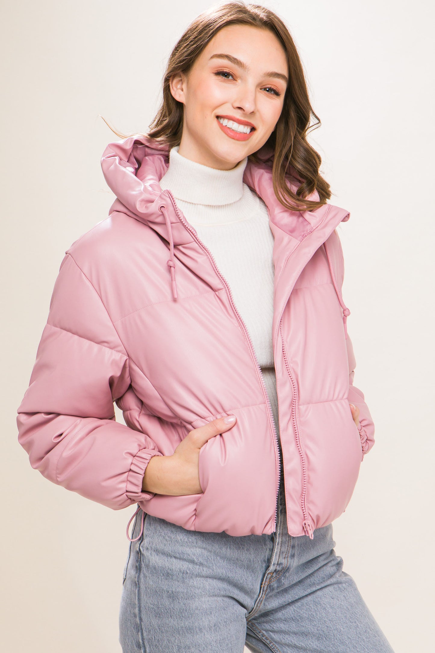 Faux Leather Zipper Hooded Puffer Jacket - Pink