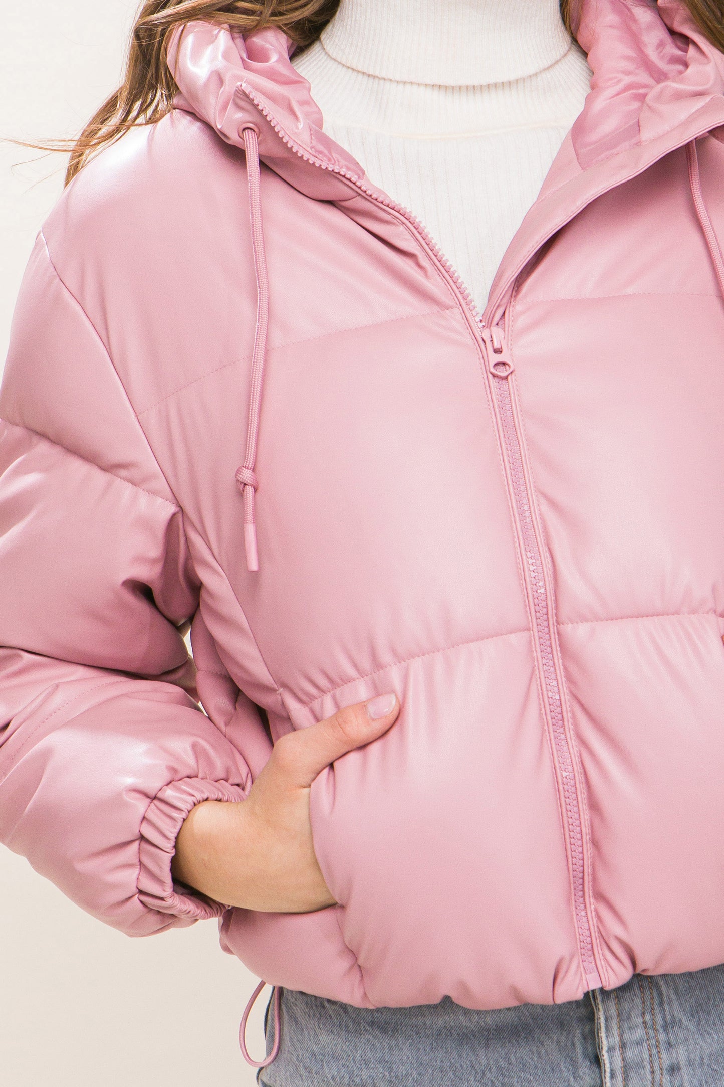 Faux Leather Zipper Hooded Puffer Jacket - Pink