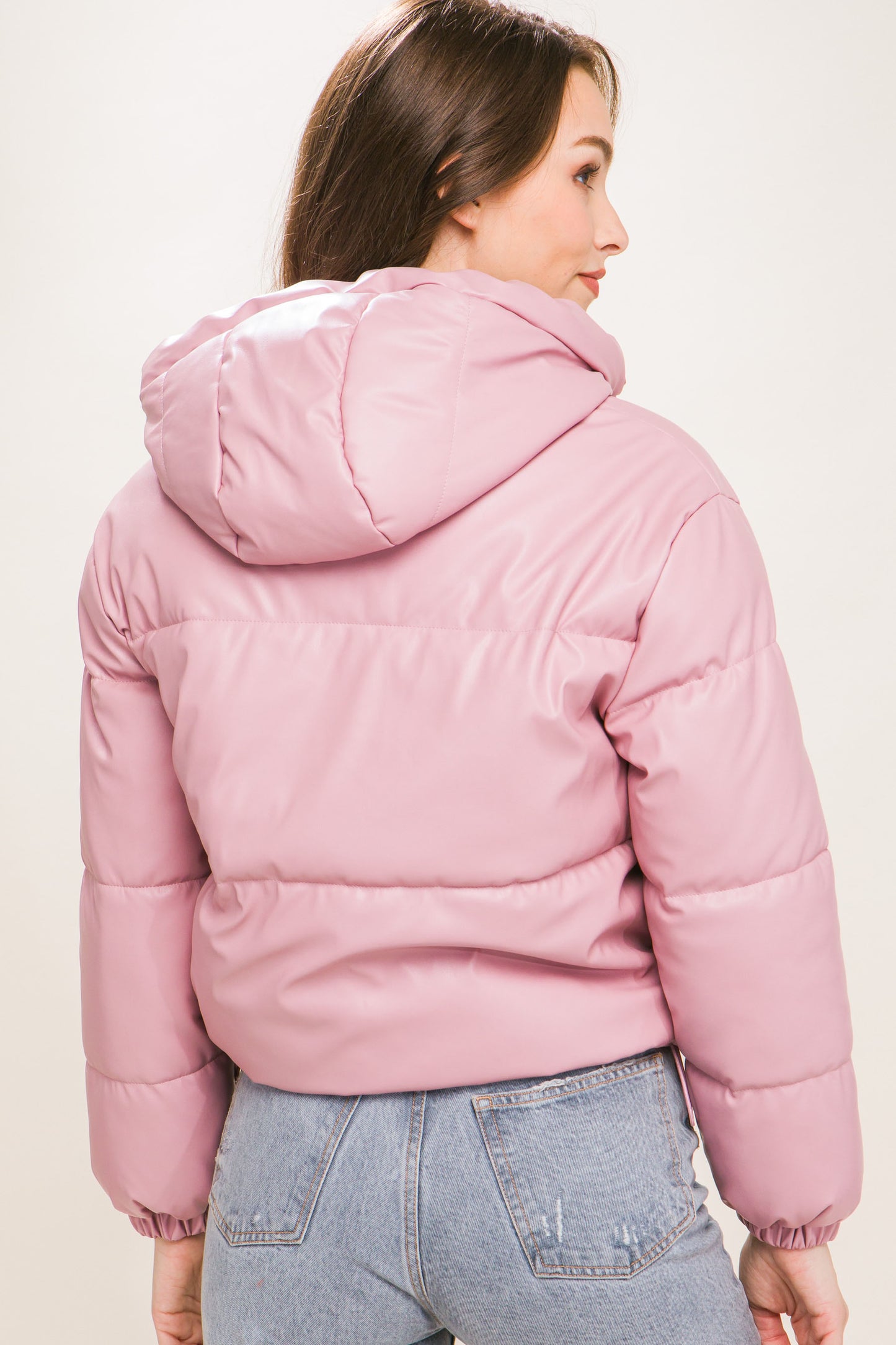 Faux Leather Zipper Hooded Puffer Jacket - Pink