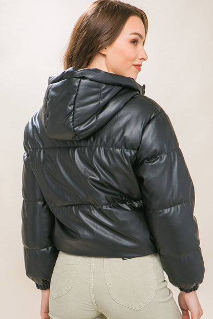 Faux Leather Zipper Hooded Puffer Jacket - Black