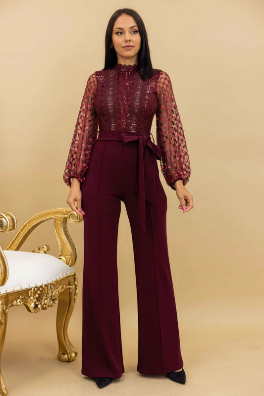 Crochet Sheer Mesh Sequined Polka Dot Jumpsuit - Maroon