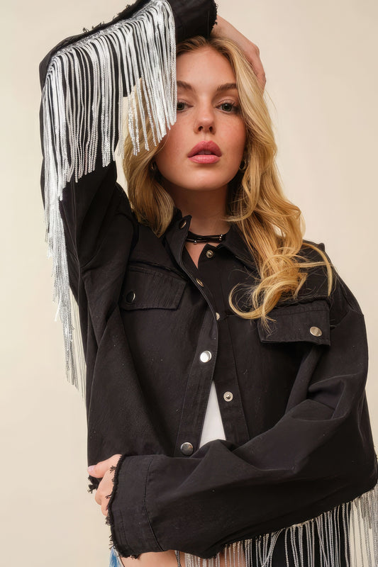 Howdy Sequin Fringe And Star Patches Jacket - Black