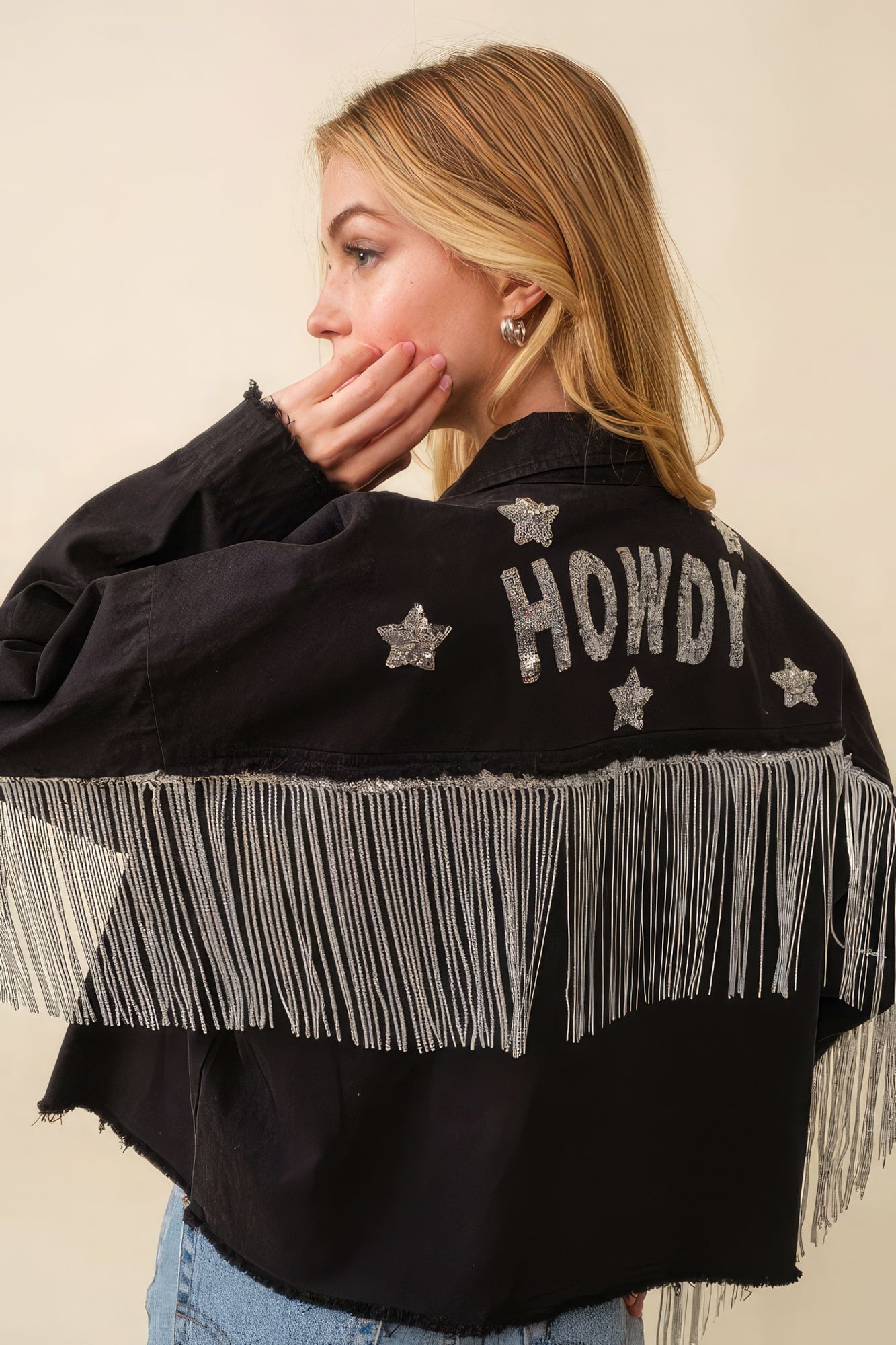 Howdy Sequin Fringe And Star Patches Jacket - Black