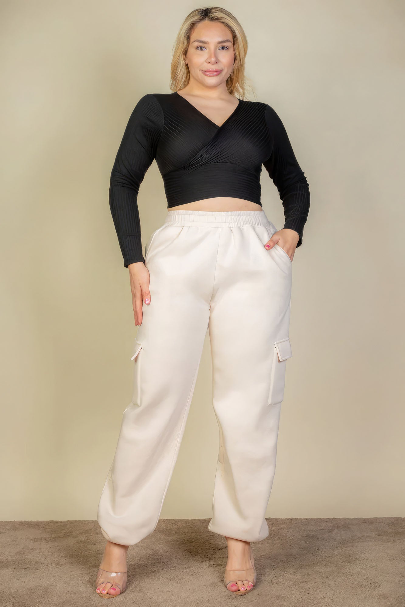 Plus Size Side Pocket Drawstring Waist Sweatpants - Stone