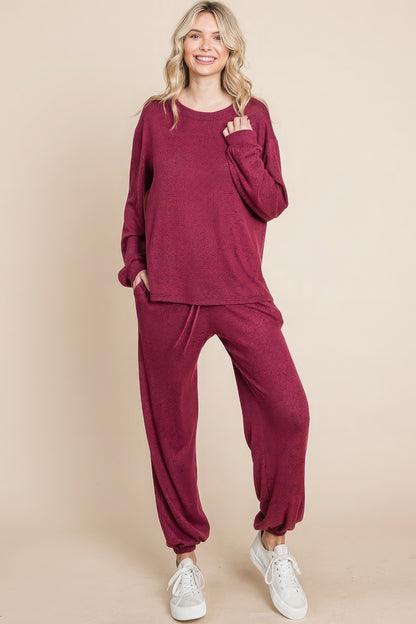 Two Tone Solid Warm And Soft Hacci Brush Loungewear Set - Marsala