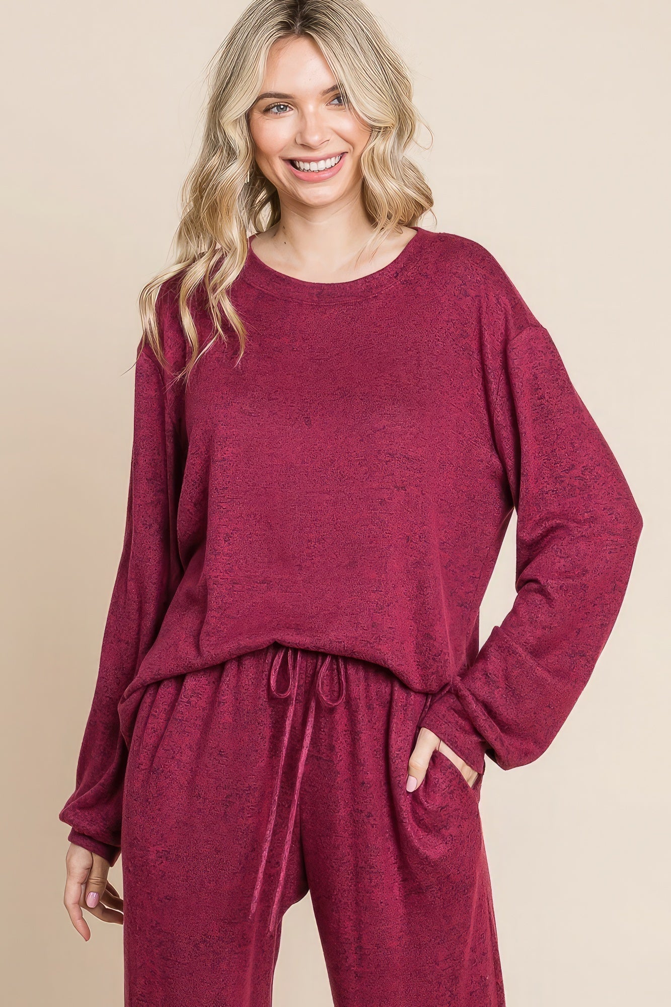 Two Tone Solid Warm And Soft Hacci Brush Loungewear Set - Marsala