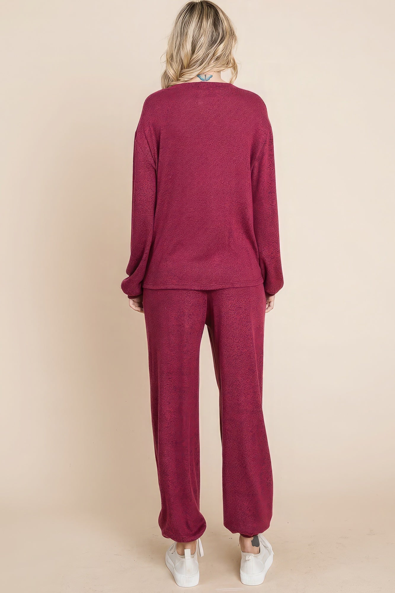 Two Tone Solid Warm And Soft Hacci Brush Loungewear Set - Marsala