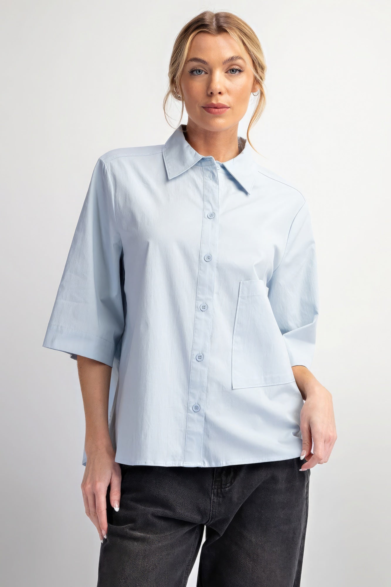 Half Sleeves Stretch Poplin Button Down Shirt - Sky Blue