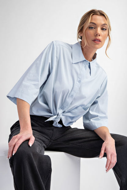 Half Sleeves Stretch Poplin Button Down Shirt - Sky Blue